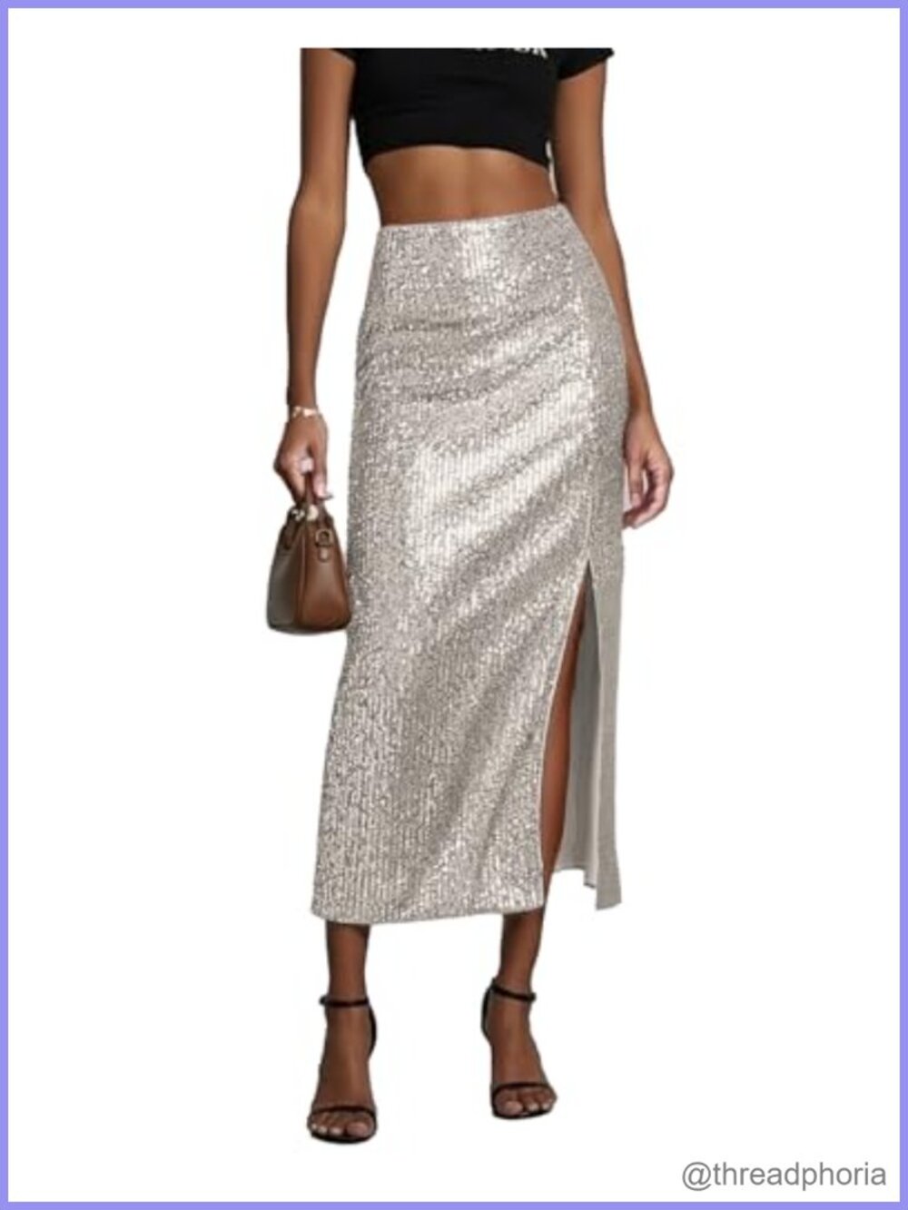 Sequin Midi Pencil Skirt High Waisted Bodycon with Slit